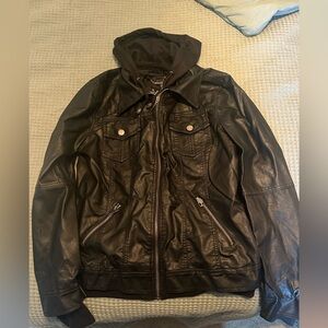 Black Leather Jacket with Hood